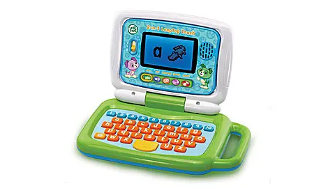 A toy laptop is shown with its keyboard open.