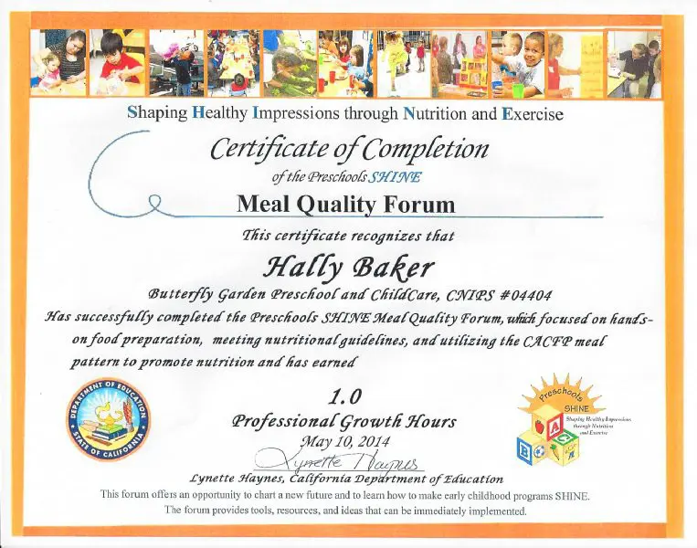 A certificate of completion for the meal quality forum.