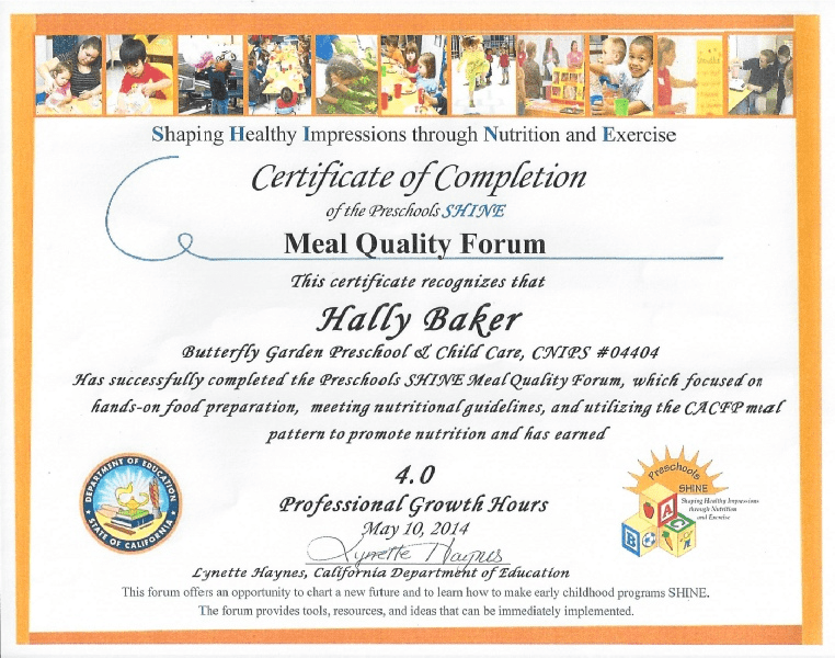 A certificate of completion for a meal quality form.