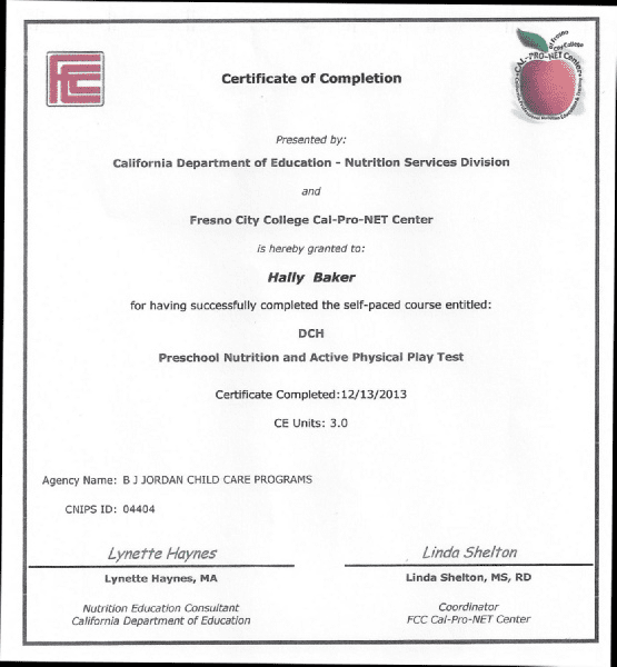 A certificate of completion for a course in nutrition.