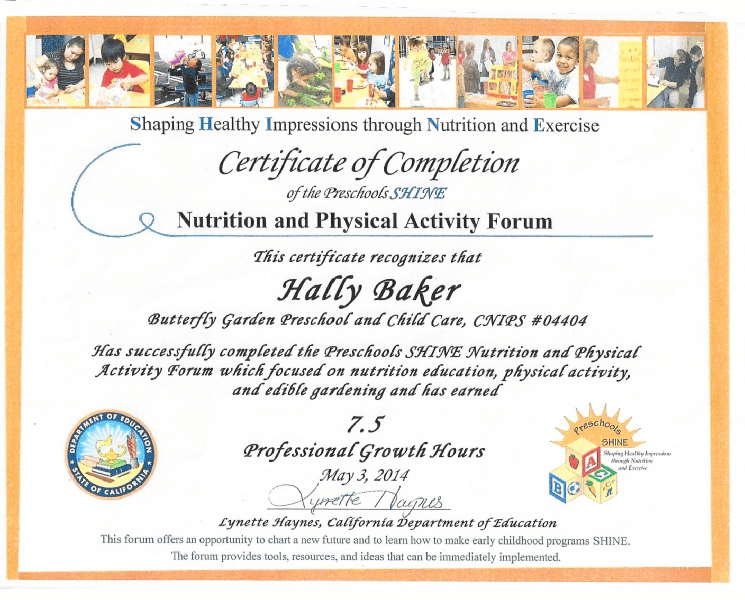 A certificate of completion for the nutrition and physical activity forum.