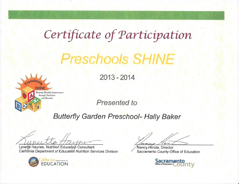 Certificate of participation for a preschool shine