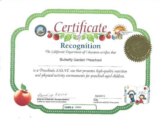 A certificate of recognition for butterfly garden preschool.