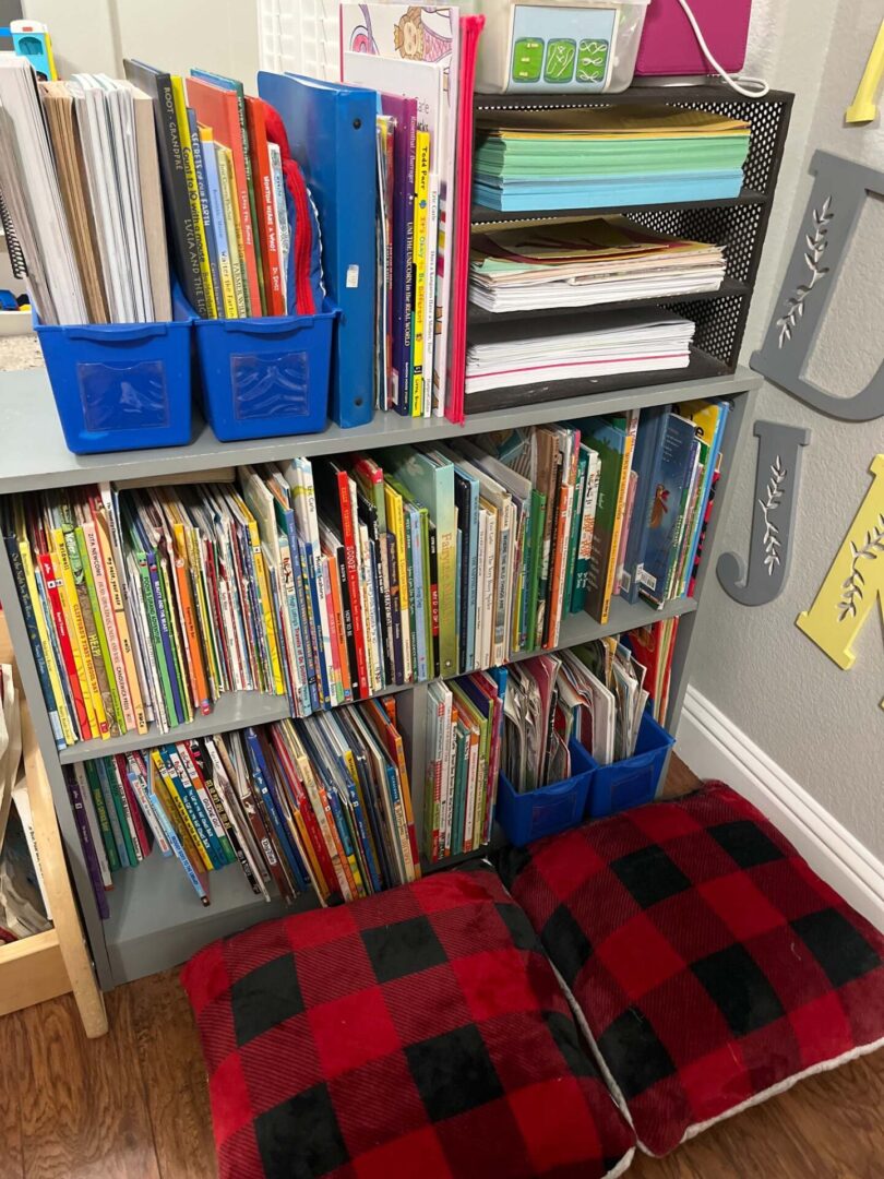 A room filled with books and a red plaid blanket.