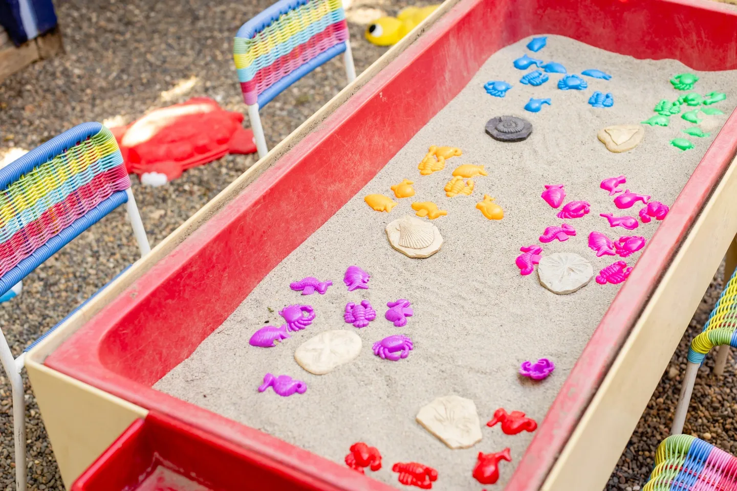 A table with sand and flowers on it