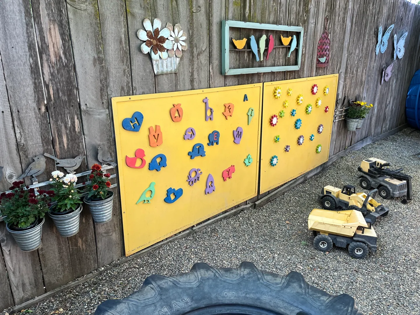 A yellow wall with magnets and numbers on it